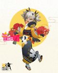 1girl :d alcohol asymmetrical_bangs bangs black_bow black_kimono bottle bow character_name chinese copyright_name dark_skin fan fang floral_background full_body girls_frontline hair_between_eyes hair_bow hands_up highres holding holding_fan japanese_clothes kimono kinchaku klin_(girls_frontline) looking_at_viewer obi official_art open_mouth paper_fan pouch sandals sash short_twintails smile socks solo thick_eyebrows translation_request tsurime twintails uchiwa vodka waterkuma white_legwear yellow_eyes yellow_kimono 