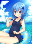  1girl ahoge bare_shoulders black_swimsuit blue_eyes blue_hair blue_sky blush closed_mouth clouds day delphinium_(flower_knight_girl) flower_knight_girl hair_ornament kida_kuro_mu looking_at_viewer ocean school_swimsuit short_hair short_twintails sitting sky smile solo sparkle sunlight swimsuit twintails 