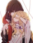  2girls bangs blonde_hair brown_hair detached_collar detached_sleeves eyebrows_visible_through_hair hair_over_one_eye hair_tubes hakurei_reimu hug hug_from_behind kirisame_marisa long_hair looking_at_viewer multiple_girls piyokichi red_eyes red_string ribbon-trimmed_sleeves ribbon_trim solo string touhou upper_body wavy_mouth white_background wide_sleeves yuri 