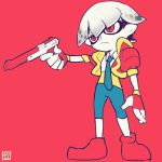  domino_mask fingerless_gloves gloves great_bamboo_sword gun highres inkling jacket lexi_rivers mask necktie nes_zapper pointy_ears read_only_memories red_background red_eyes short_hair splatoon tentacle_hair va-11_hall-a weapon white_hair 