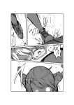  1boy 1girl arms_behind_back blank_eyes close-up comic glasses glowing glowing_eyes greyscale highres maam._(summemixi) monochrome motion_blur original running shoes sneakers speed_lines translation_request 