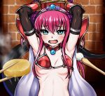 1girl armor armpits bikini bikini_armor blue_eyes blush bound bound_wrists breasts brick_wall brush cape chopsticks cleavage commentary_request curled_horns elbow_gloves elizabeth_bathory_(brave)_(fate) fang fate/grand_order fate_(series) food_request gloves lancer_(fate/extra_ccc) long_hair looking_at_viewer open_mouth oversized_clothes pauldrons pink_hair red_bikini rope sawany small_breasts solo steam sweat swimsuit tail tiara vambraces white_cape