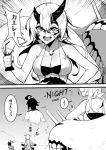  1boy 2koma 3girls absurdres admiral_(kantai_collection) ahoge anchor_symbol cannon character_request comic from_behind greyscale heavy_cruiser_summer_hime highres horns kantai_collection kirishima_(kantai_collection) monochrome multiple_girls shinkaisei-kan teeth translation_request wulazula 