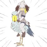  1girl abu_markub bangs bird bird_tail commentary_request emphasis_lines fingerless_gloves gloves grey_hair grey_shirt grey_shorts head_wings kemono_friends looking_at_viewer low_ponytail multicolored_hair necktie riding shirt shoebill shoebill_(kemono_friends) shorts side_ponytail simple_background solo staring white_background white_necktie 