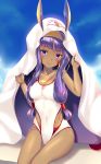  1girl absurdres blush breasts cleavage collarbone dark_skin earrings eyebrows_visible_through_hair fate/grand_order fate_(series) highres hoop_earrings jewelry large_breasts long_hair looking_at_viewer nitocris_(fate/grand_order) nitocris_(swimsuit_assassin)_(fate) parted_lips pdxen purple_hair sitting smile solo violet_eyes 