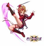  1girl :d arm_up beads bodysuit breasts breasts_apart brown_eyes brown_hair copyright_name feathers female fighting_stance fingerless_gloves floating_hair full_body gloves hair_feathers hair_ornament hair_up highres holding holding_sword holding_weapon kneehighs long_hair medium_breasts nail_polish natsu_(soulcalibur) open_mouth ponytail project_x_zone purple_nails red_feathers red_gloves red_legwear red_ribbon ribbon simple_background smile solo soul_calibur sword thigh_ribbon upper_teeth weapon white_background 