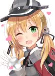  1girl blonde_hair blush eyebrows_visible_through_hair gloves green_eyes heart kantai_collection looking_at_viewer one_eye_closed open_mouth prinz_eugen_(kantai_collection) short_hair short_twintails smile solo twintails white_gloves yukinoshita_(shaonjishi) 