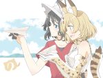  2girls animal_ears arm_around_back black_hair blonde_hair blue_eyes blush commentary_request elbow_gloves gloves hand_on_another&#039;s_back hat kaban_(kemono_friends) kemono_friends multiple_girls neck_ribbon open_mouth paper_airplane ribbon sakuraba_yuuki serval_(kemono_friends) serval_ears serval_print serval_tail shirt short_hair sleeveless smile t-shirt tail yellow_eyes 