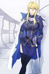  1girl artist_request artoria_pendragon_(all) artoria_pendragon_lancer_(fate/grand_order) black_gloves blonde_hair blue_eyes breasts cape fate/grand_order fate_(series) gloves highres large_breasts leaning legs_crossed looking_at_viewer rapier side_slit sidelocks smile solo sword thigh-highs weapon 