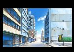  blue_sky border building clouds commentary_request day highres hirota_(masasiv3) lamppost no_humans outdoors road scenery sign sky stairs street window windowboxed 
