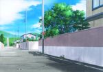  blue_sky blurry blurry_background building clouds cloudy_sky commentary_request day grass highres hill hirota_(masasiv3) house mountain no_humans outdoors road road_sign scenery sign sky street tree wall window 