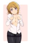  ankoiri black_legwear blush breasts brown_hair cleavage closed_mouth collarbone collared_shirt eyebrows_visible_through_hair koizumi_hanayo large_breasts long_sleeves looking_at_viewer love_live! love_live!_school_idol_project pantyhose shirt short_hair smile unbuttoned unbuttoned_shirt violet_eyes 