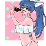  1girl :d aqua_eyes arm arm_behind_back bare_arms bare_shoulders bikini blue_hair blush earrings fangs female from_side ganaha_hibiki hair_between_eyes hair_ribbon hand_up happy holding holding_sunglasses hoop_earrings idolmaster jewelry long_hair looking_at_viewer looking_to_the_side midriff navel neck nezumoto off-shoulder_shirt open_mouth outline outline_background panties pink_background ponytail ribbon round_teeth shirt smile solo standing star starry_background sunglasses sunglasses_removed swimsuit teeth white_panties white_ribbon white_shirt 