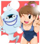  1girl blush brown_eyes brown_hair ghost high_ponytail kodama_fumika long_hair looking_at_viewer onnaski open_mouth smile swimsuit tagme whisper_(youkai_watch) youkai_watch 