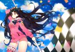  1girl arm_up ayami_(annahibi) bangs black_hair blue_sky blurry blush bow checkered checkered_flag closed_mouth clouds cloudy_sky confetti contrapposto cowboy_shot crown day depth_of_field earrings eyebrows_visible_through_hair fate/grand_order fate_(series) flag floating_hair fur-trimmed_hood fur-trimmed_legwear fur_trim hair_bow highleg highleg_swimsuit highres holding holding_flag hood hoodie hoop_earrings ishtar_(fate/grand_order) ishtar_(swimsuit_rider)_(fate) jewelry lens_flare long_hair looking_at_viewer motion_blur one-piece_swimsuit outdoors pink_legwear red_eyes single_thighhigh sky smile solo sparkle swimsuit swimsuit_under_clothes thigh-highs thighs tohsaka_rin two_side_up very_long_hair white_swimsuit 