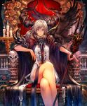  1girl animal_on_arm apple artist_request bird blonde_hair candle cape carabosse_wicked_fairy cygames eyebrows_visible_through_hair food fruit fur_trim horns legs_crossed official_art pink_eyes platinum_blonde raven_(animal) shadowverse shingeki_no_bahamut sitting skull staff throne 