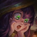 1girl :o artist_name bangs face fang gasp green_eyes hands_on_own_cheeks hands_on_own_face horace_h league_of_legends long_hair lulu_(league_of_legends) nail_polish open_mouth purple_hair purple_nails purple_skin solo teeth yordle 