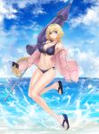  1girl artist_name bangs beach bikini black_bow blonde_hair blue_bikini blue_eyes blue_sky blush bow braid breasts cleavage closed_mouth clouds cloudy_sky collarbone day eyebrows_visible_through_hair fate/grand_order fate_(series) front-tie_bikini front-tie_top full_body hair_bow highres hood hoodie large_breasts long_hair looking_at_viewer mhg_(hellma) navel ocean open_clothes open_hoodie outdoors revision ruler_(fate/apocrypha) side-tie_bikini sidelocks signature single_braid sky slippers smile solo swimsuit tareme thighs very_long_hair 