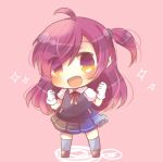 1girl ahoge black_skirt chibi full_body gloves hagikaze_(kantai_collection) kantai_collection long_hair looking_at_viewer lowres neck_ribbon one_side_up open_mouth pink_background pleated_skirt purple_hair red_ribbon ribbon school_uniform side_ponytail simple_background skirt solo standing vest violet_eyes white_gloves 