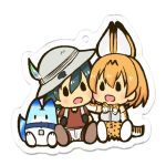  2girls animal_ears backpack bag black_hair blonde_hair bow bowtie bucket_hat chibi elbow_gloves gloves hair_between_eyes hand_on_another&#039;s_shoulder hat hat_feather kaban_(kemono_friends) kemono_friends looking_at_another lucky_beast_(kemono_friends) multiple_girls open_mouth red_shirt serval_(kemono_friends) serval_ears serval_print serval_tail sgwmanga shirt short_hair shorts sitting sleeveless sleeveless_shirt striped_tail tail 