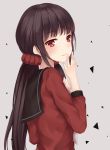  1girl black_hair blush closed_mouth dangan_ronpa eyebrows_visible_through_hair harukawa_maki highres long_hair long_sleeves looking_at_viewer new_dangan_ronpa_v3 red_eyes smile solo twintails upper_body yukinoshita_(shaonjishi) 