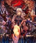  1girl animal_on_arm apple artist_request bird blonde_hair candle cape carabosse_wicked_fairy cygames eyebrows_visible_through_hair fang food fruit fur_trim horns legs_crossed long_hair official_art pink_eyes platinum_blonde raven_(animal) shadowverse shingeki_no_bahamut sitting skull smile staff throne 