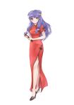  1girl black_shoes bow china_dress chinese_clothes double_bun dress fan full_body hair_bobbles hair_bow hair_ornament high_heels highres holding holding_fan long_hair looking_at_viewer puky purple_hair ranma_1/2 shampoo_(ranma_1/2) shoes short_sleeves side_slit smile solo violet_eyes white_background 