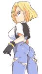  1girl android_18 ass black_gloves blonde_hair blue_eyes bracelet breasts cowboy_shot denim dragon_ball dragonball_z earrings gloves inkerton-kun jeans jewelry large_breasts looking_back pants short_hair solo torn_clothes torn_jeans tsurime vest white_background 