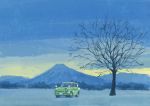 bare_tree blue_sky car commentary_request day ground_vehicle hirota_(masasiv3) motor_vehicle mountain no_humans outdoors scenery sky snow tree winter 