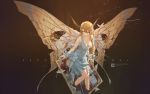  1girl antennae bandage blonde_hair blue_eyes breasts cleavage dress english gradient gradient_background highres insect long_hair looking_at_viewer mivit moth original personification pins pointy_ears solo white_dress wings 