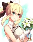  1girl ahoge artoria_pendragon_(all) black_bow blonde_hair bouquet bow breastplate eyebrows_visible_through_hair fate/unlimited_codes fate_(series) flower gloves green_eyes hair_between_eyes hair_bow high_ponytail holding holding_bouquet long_hair oyaji-sou red_ribbon ribbon saber_lily sidelocks smile solo upper_body white_background white_flower white_gloves 