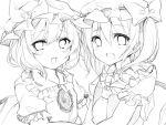  2girls :d ascot bangs blush bow brooch commentary_request eyebrows_visible_through_hair fang flandre_scarlet hair_between_eyes hat hat_bow jewelry karasusou_nano looking_at_viewer mob_cap multiple_girls open_mouth remilia_scarlet short_hair short_sleeves side_ponytail simple_background smile touhou upper_body white_background wings work_in_progress 
