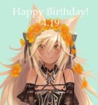  1girl animal_ears bare_shoulders blonde_hair bow character_request collar copyright_request dated detached_collar dress flower fox_ears hair_flower hair_ornament happy_birthday head_wreath long_hair mifuji_kiichi smile solo tagme upper_body yellow_eyes 