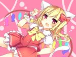  1girl :d animal_ears bangs blonde_hair blush bow bowtie cat_ears cat_tail cowboy_shot dutch_angle eyebrows_visible_through_hair flandre_scarlet hair_bow hand_up highres index_finger_raised karasusou_nano kemonomimi_mode looking_at_viewer one_side_up open_mouth pink_eyes red_bow red_skirt short_sleeves skirt skirt_set smile solo tail touhou yellow_bow yellow_bowtie 