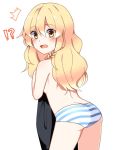  !? 1girl ass blonde_hair blush braid breasts clothes_removed covering covering_breasts d: from_behind kirisame_marisa long_hair looking_at_viewer open_mouth panties side_braid single_braid small_breasts solo striped striped_panties surprised touhou underwear underwear_only undressing wavy_hair wavy_mouth yellow_eyes yururi_nano 