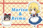  2girls alternate_costume apron black_hair blonde_hair blush bow brooch chibi cup curtsey dress enmaided hair_bow hakurei_reimu highres in_container in_cup jewelry kirisame_marisa maid maid_headdress marisa_spark minigirl multiple_girls red_eyes smile spoon square_mouth teacup touhou waist_apron yellow_eyes 
