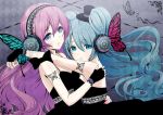  2girls aqua_eyes aqua_hair aqua_nails argyle argyle_background bare_shoulders black_bow black_dress black_gloves black_hat blue_eyes bow breasts butterfly butterfly_headphones butterfly_tattoo cleavage couple dress eyebrows_visible_through_hair female fingerless_gloves floating_hair gloves grey_background hair_between_eyes hat hatsune_miku headphones highres hug long_hair looking_at_viewer magnet_(vocaloid) medium_breasts megurine_luka mini_hat mini_top_hat multiple_girls mutual_yuri nail_polish neck parted_lips pink_hair purple_hair red_nails sleeveless sleeveless_dress smile strapless strapless_dress tattoo top_hat twintails very_long_hair vocaloid wavy_hair yuri yuuki_(yukinko-02727) 