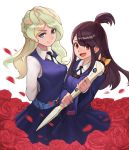  2girls blonde_hair blue_eyes blush breasts brown_hair closed_mouth diana_cavendish eyebrows_visible_through_hair flower green_hair highres kagari_atsuko little_witch_academia long_hair looking_at_viewer medium_breasts multicolored_hair multiple_girls open_mouth red_eyes red_rose rose smile ziongqian 
