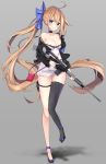  1girl ahoge armband armpit_peek assault_rifle bare_shoulders black_choker black_footwear black_jacket black_legwear blonde_hair blue_bow blue_eyes blush bow bra bra_peek breasts brown_hair choker cleavage collarbone dress eyebrows_visible_through_hair eyes_visible_through_hair fal_(girls_frontline) floating_hair girls_frontline gun hair_between_eyes harenchi head_tilt highres jacket lace lace-trimmed_bra large_breasts lingerie long_hair looking_at_viewer magazine_(weapon) mid-stride off_shoulder open_clothes open_mouth pouch ribbon rifle scope shoe_bow shoes short_dress side_ponytail single_thighhigh sleeve_cuffs sleeveless solo standing strap thigh-highs thigh_strap thighs trigger_discipline underwear very_long_hair weapon white_dress white_skin 