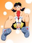  1girl bare_shoulders between_legs bike_shorts black_hair blue_shoes blush crystal_(pokemon) full_body gradient gradient_background hair_ornament hair_tie hand_between_legs headband legs_apart long_sleeves looking_to_the_side onnaski orange_background poke_ball pokemon pokemon_gsc shoes short_hair simple_background sitting smile solo tied_hair turtleneck twintails yellow_eyes 