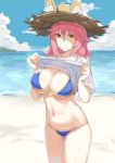  1girl absurdres animal_ears bad_id bad_pixiv_id beach blush breasts chaoxi cleavage closed_mouth eyebrows_visible_through_hair fate/grand_order fate_(series) fox_ears highres large_breasts looking_at_viewer navel pink_hair shirt_lift sketch smile solo tamamo_(fate)_(all) tamamo_no_mae_(swimsuit_lancer)_(fate) yellow_eyes 