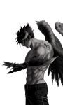  1boy bangs belt black_hair black_wings dark_persona demon_boy demon_horns devil_jin forehead_jewel horns inuhiko_(istdog) male_focus monochrome muscle pants shirtless smile spiky_hair tattoo tekken wings 