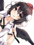  1girl :q bangs black_bow black_bra black_hair black_wings blush bow bow_bra bra breasts brown_eyes buttons cleavage collared_shirt dutch_angle eyebrows_visible_through_hair hair_between_eyes hat highres karasusou_nano looking_at_viewer medium_breasts mob_cap open_clothes open_shirt shameimaru_aya shirt short_hair short_sleeves simple_background solo tokin_hat tongue tongue_out touhou underwear upper_body white_background white_shirt wings 