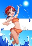  1girl bikini flat_chest highres hino_akane_(smile_precure!) looking_at_viewer low_ponytail nii_manabu open_mouth orange_bikini ponytail precure red_eyes redhead smile smile_precure! solo sun swimsuit wading water 