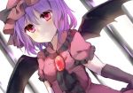  1girl bangs bat_wings black_bow black_gloves black_wings blush bow brooch closed_mouth dutch_angle elbow_gloves gloves hair_between_eyes hat hat_bow jewelry karasusou_nano looking_at_viewer mob_cap pink_eyes pink_hat purple_hair remilia_scarlet short_hair short_sleeves solo touhou upper_body wings 