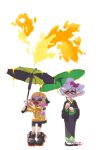  +_+ 2girls 3d_rod! fangs happy highres hotaru_(splatoon) ink inkling jacket japanese_clothes kimono multiple_girls open_mouth orange_hair oriental_umbrella pointy_ears sandals silver_hair smile splatoon symbol-shaped_pupils tentacle_hair umbrella 