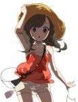  1girl :o armpits bag bangs bare_shoulders black_eyes black_hair blush braid cowboy_shot hand_on_headwear highres looking_at_viewer mizuki_(pokemon_ultra_sm) open_mouth pokemon pokemon_(game) pokemon_ultra_sm shorts simple_background solo sweatdrop swept_bangs tank_top twin_braids white_background white_shorts 