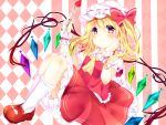  1girl absurdres argyle argyle_background ascot bangs blonde_hair blush bow closed_mouth eyebrows_visible_through_hair flandre_scarlet food fork frown fruit hair_between_eyes hand_on_own_cheek hat highres holding holding_fork karasusou_nano looking_at_viewer multicolored multicolored_eyes red_bow red_shoes red_skirt shoes short_sleeves side_ponytail skirt skirt_set socks solo strawberry striped striped_background touhou white_hat white_legwear 