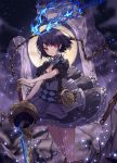  1girl black_hair breasts chains character_request cleavage closed_mouth eyebrows_visible_through_hair highres lo-ta looking_at_viewer medium_breasts red_eyes short_hair sinoalice solo standing sword weapon 