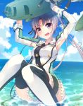  1girl :d aircraft airplane akitsushima_(kantai_collection) armpit_cutout armpits arms_up bangs blue_sky blush breasts clouds day earrings fuuen_(akagaminanoka) green_skirt highres holding horizon jewelry kantai_collection knees_up long_hair long_sleeves looking_at_viewer medium_breasts open_mouth outdoors panties pantyshot pantyshot_(sitting) parted_bangs pink_panties polka_dot propeller side_ponytail silver_hair sitting skirt sky sleeves_folded_up smile solo thigh-highs thigh_strap underwear very_long_hair violet_eyes water 